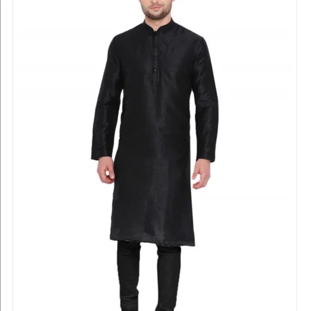 Solid Color Dupion Silk Kurta Set in Black